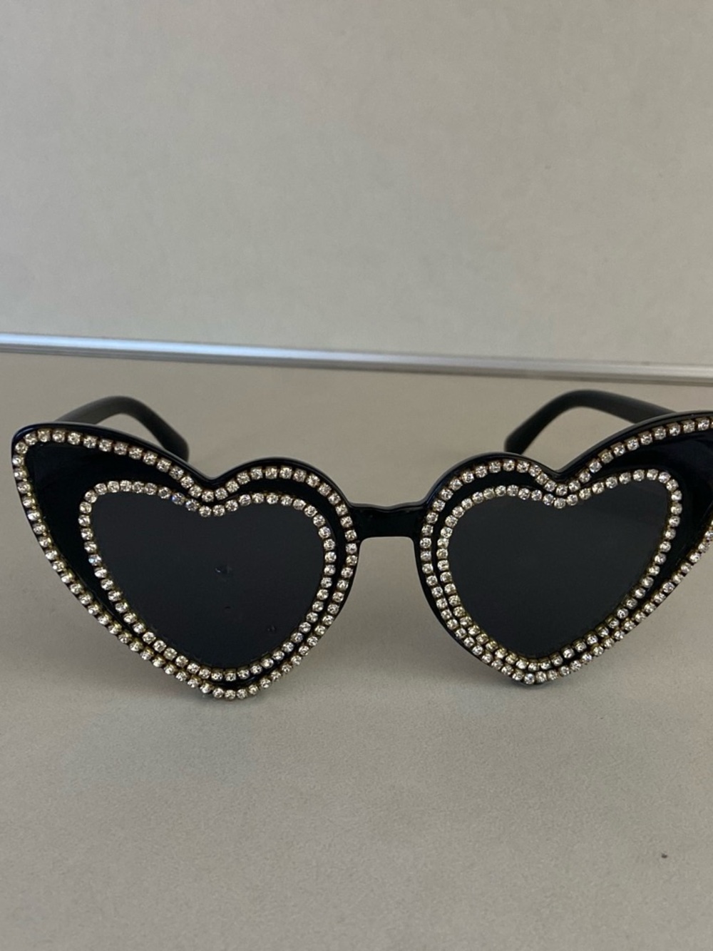 Black Heart-Shaped Sunglasses with Crystal Trim